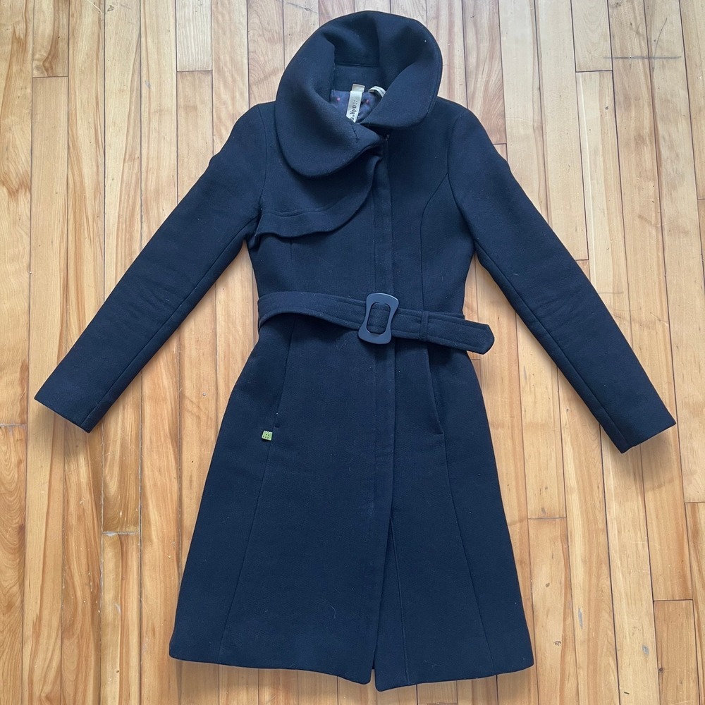 Soia & Kyo Black Wool Belted Wrap Coat Oversized Shawl Collar Made in Canada